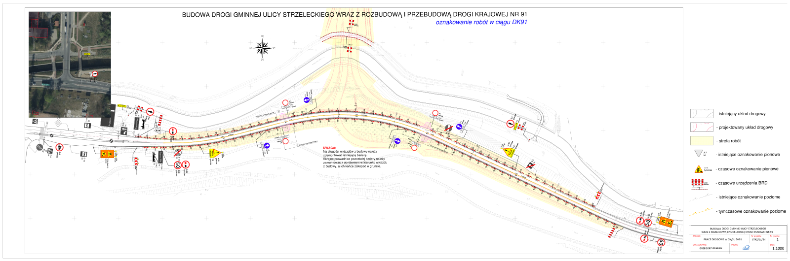 Mapa z oznakowaniem prac drogowych w ciągu ulicy DK91