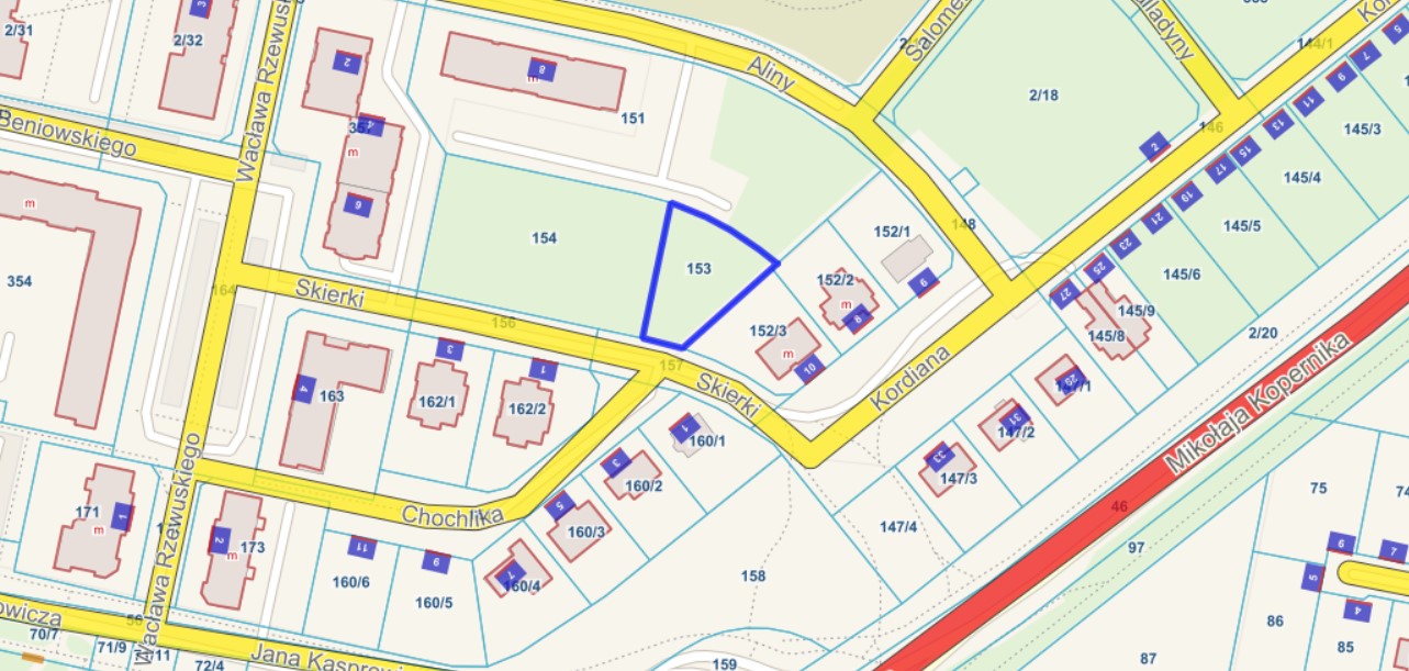 Działka nr 53 przy ulicy Skierki w Pruszczu Gdańskim zaznaczona na mapie.