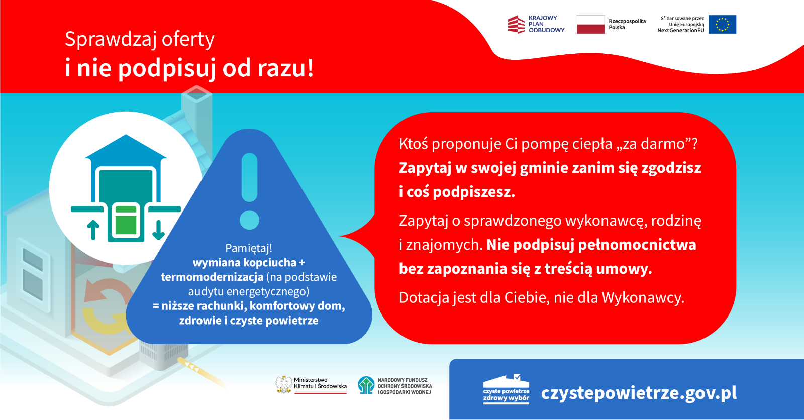 plakat dotyczący ostrzeżenia przed nierzetelnymi wykonawcami w ramach dotacji z programu Czyste Powietrze.