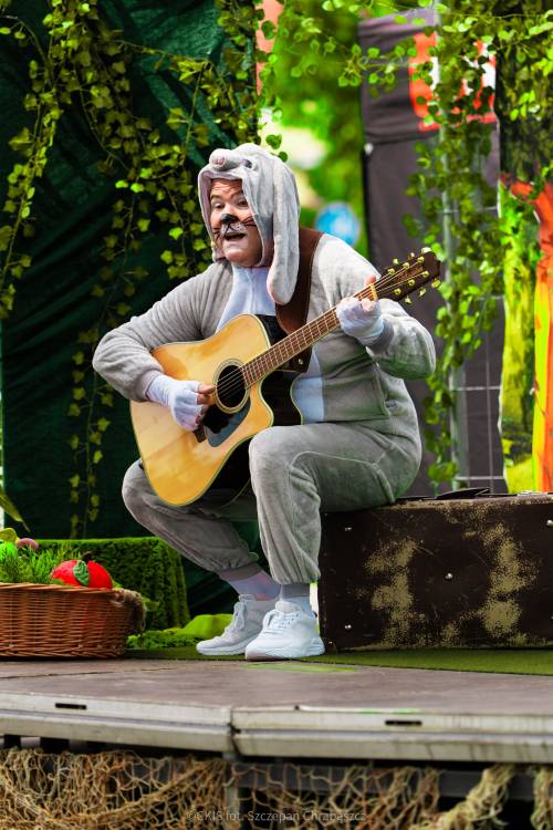 Chłopiec w przebraniu pluszowego zwierzęcia z gitarą