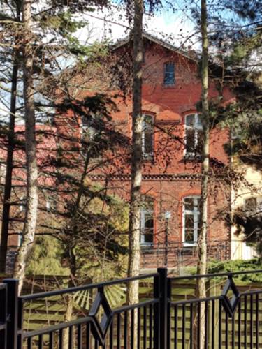 Stary ceglany budynek za drzewami.