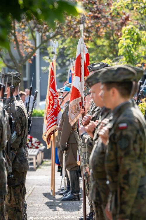 Żołnierze z pocztami sztandarowymi.